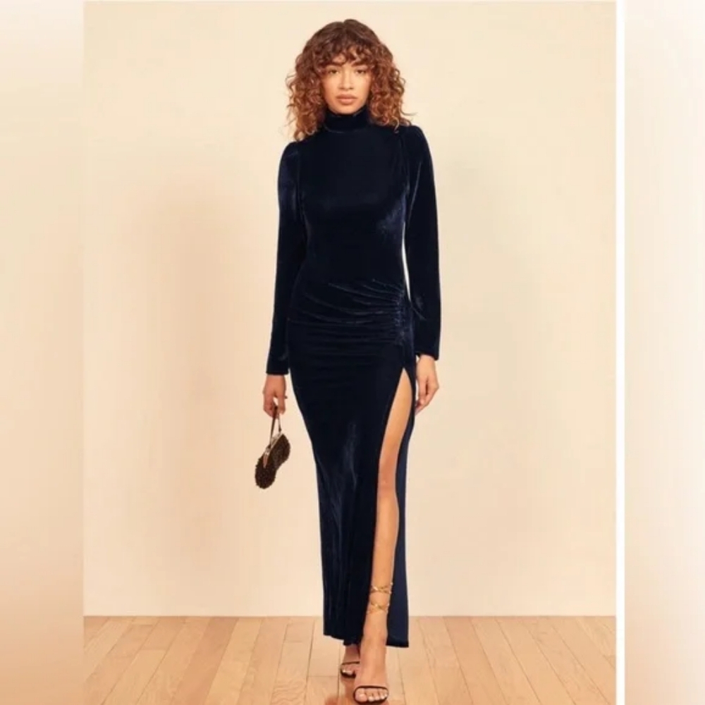 NWT Reformation Moonlight High-Neck Stretch Velvet Midi Dress in Galaxy Sz S